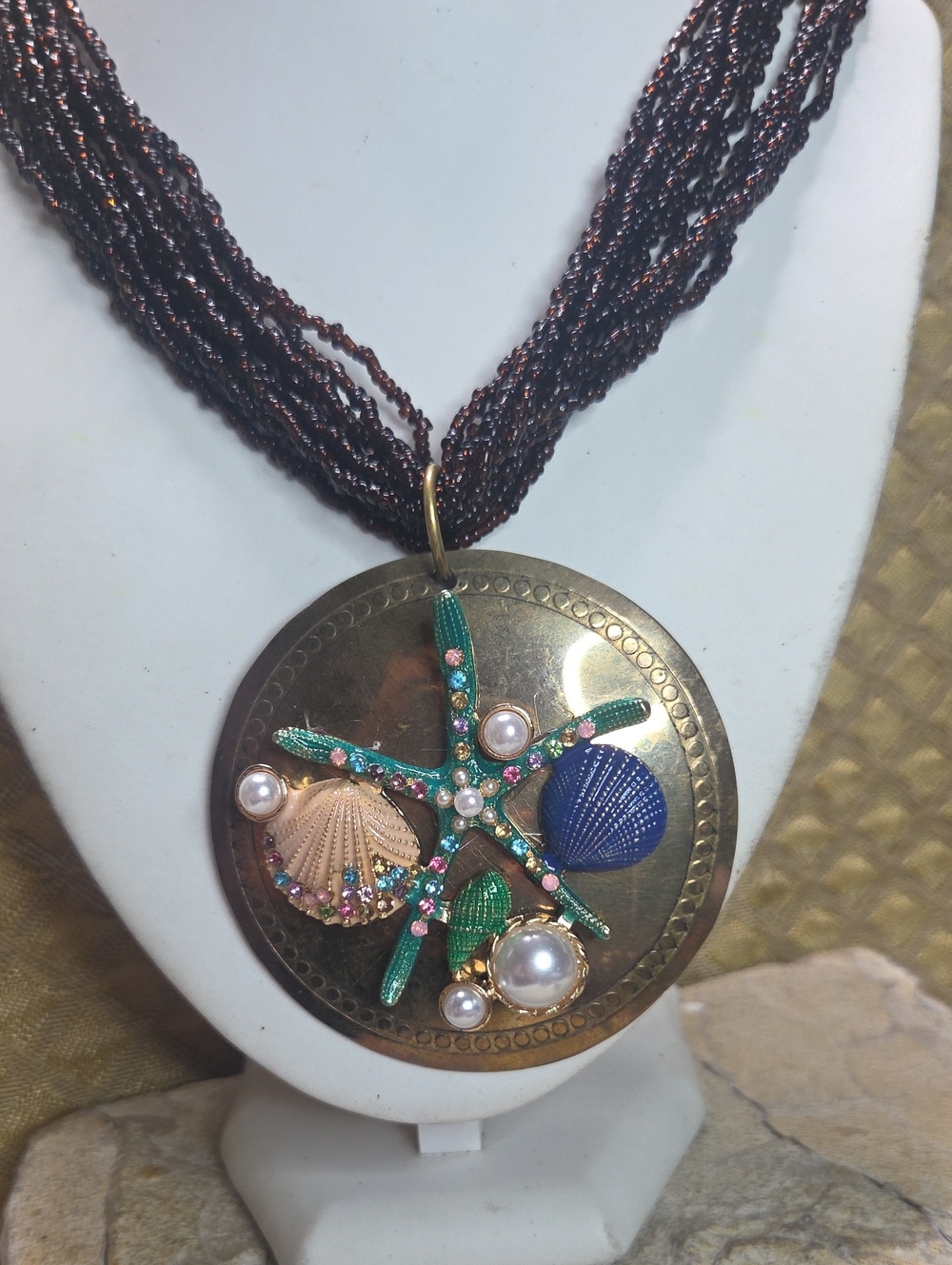 Ocean theme decorated brass and seed bead statement necklace